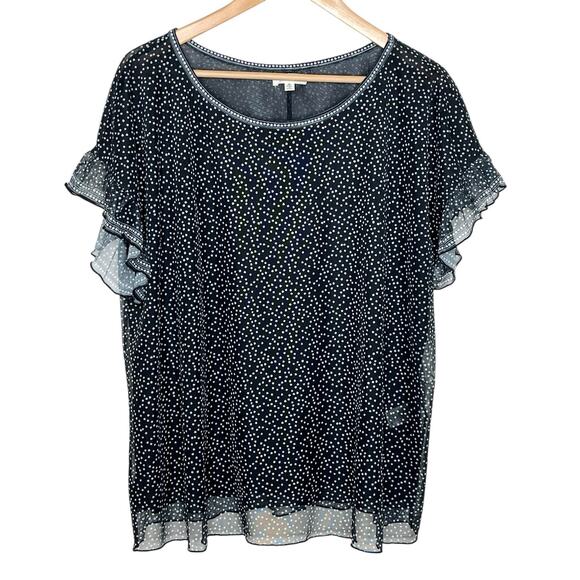 Polka Dot Ruffled Mesh Short Sleeve Top Black Womens 1X Max Studio Preppy Work - Picture 1 of 6